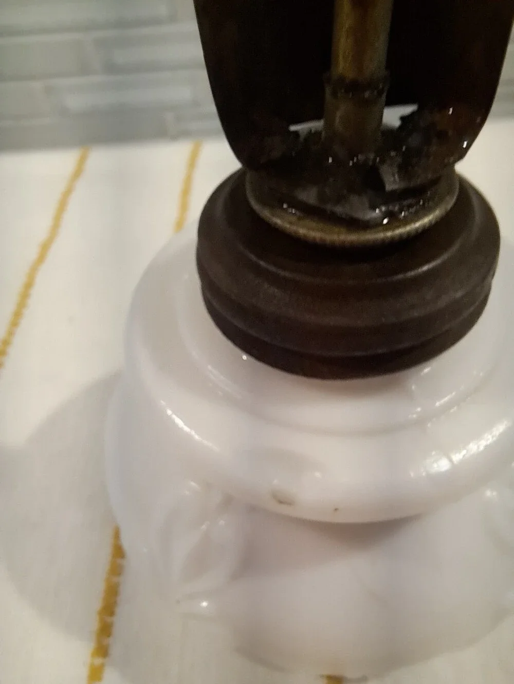 Antique Unique Milk Glass Fleur De Lis Embossed Pattern Miniature Oil Lamp
